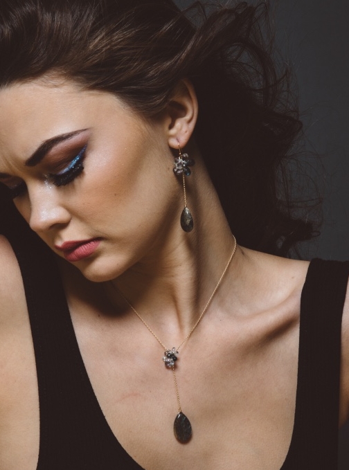 model wearing labradorite drop pendant and gemstone necklace