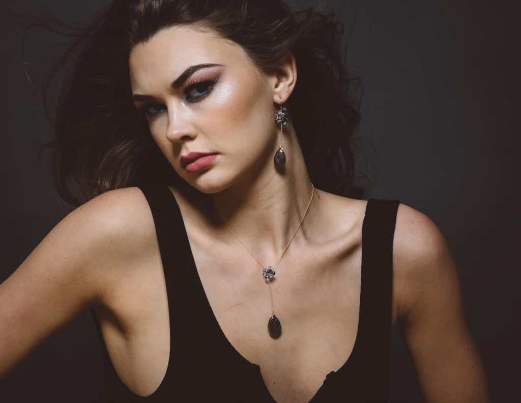 model wearing labradorite drop pendant and gemstone necklace