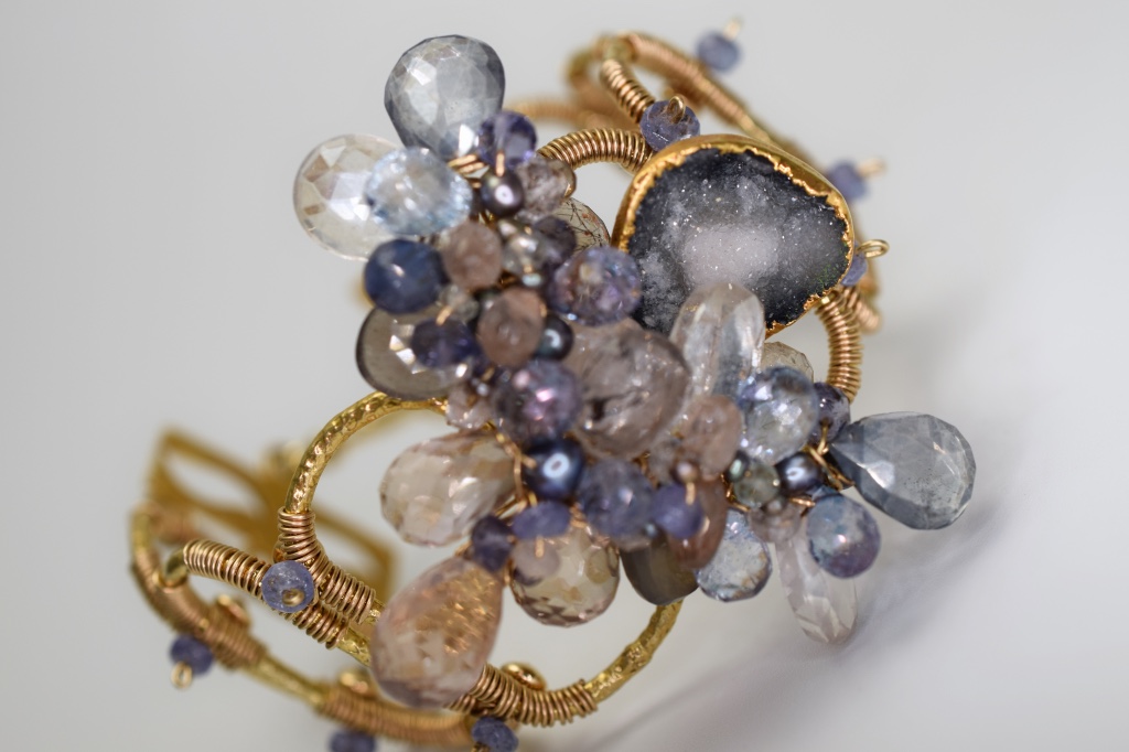 gemstone druzy pearl gold link cuff bracelet