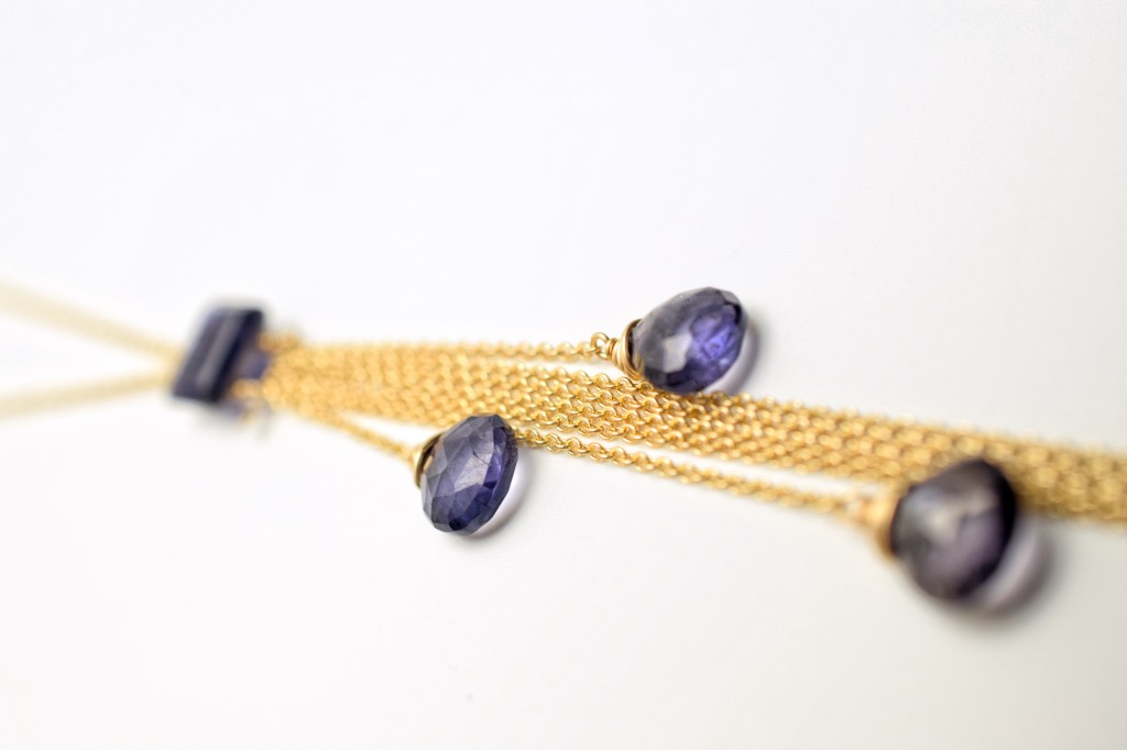 iolite multi drop with gold chains necklace