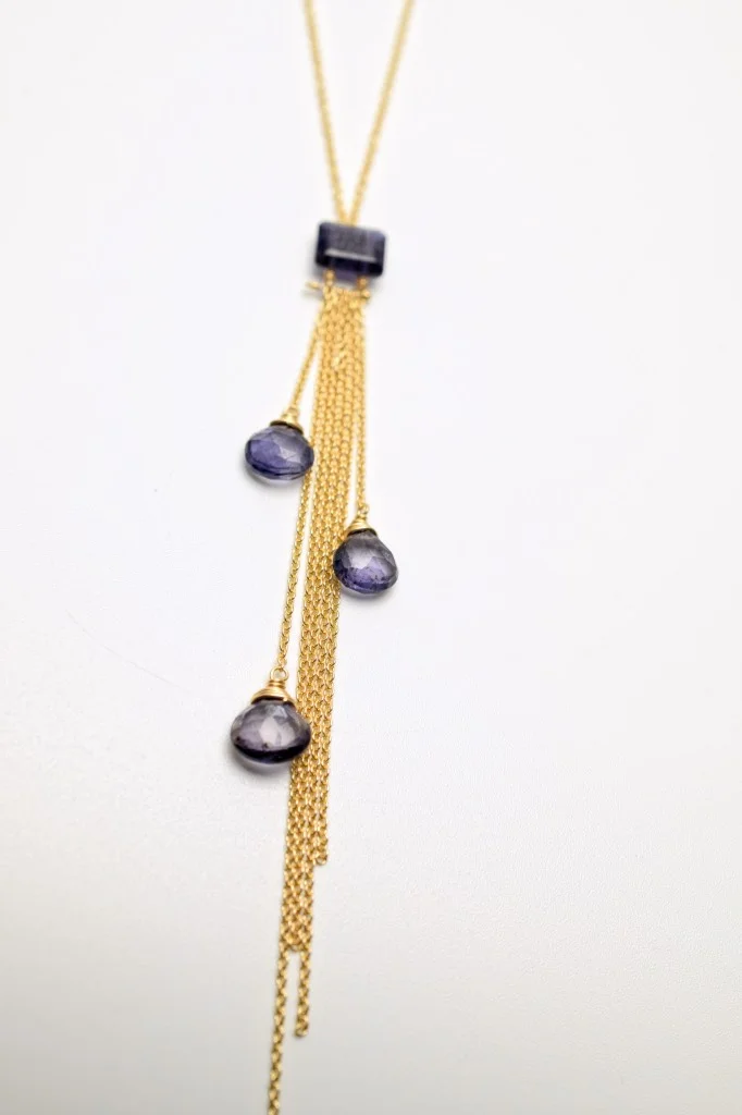 iolite multi drop with gold chains necklace