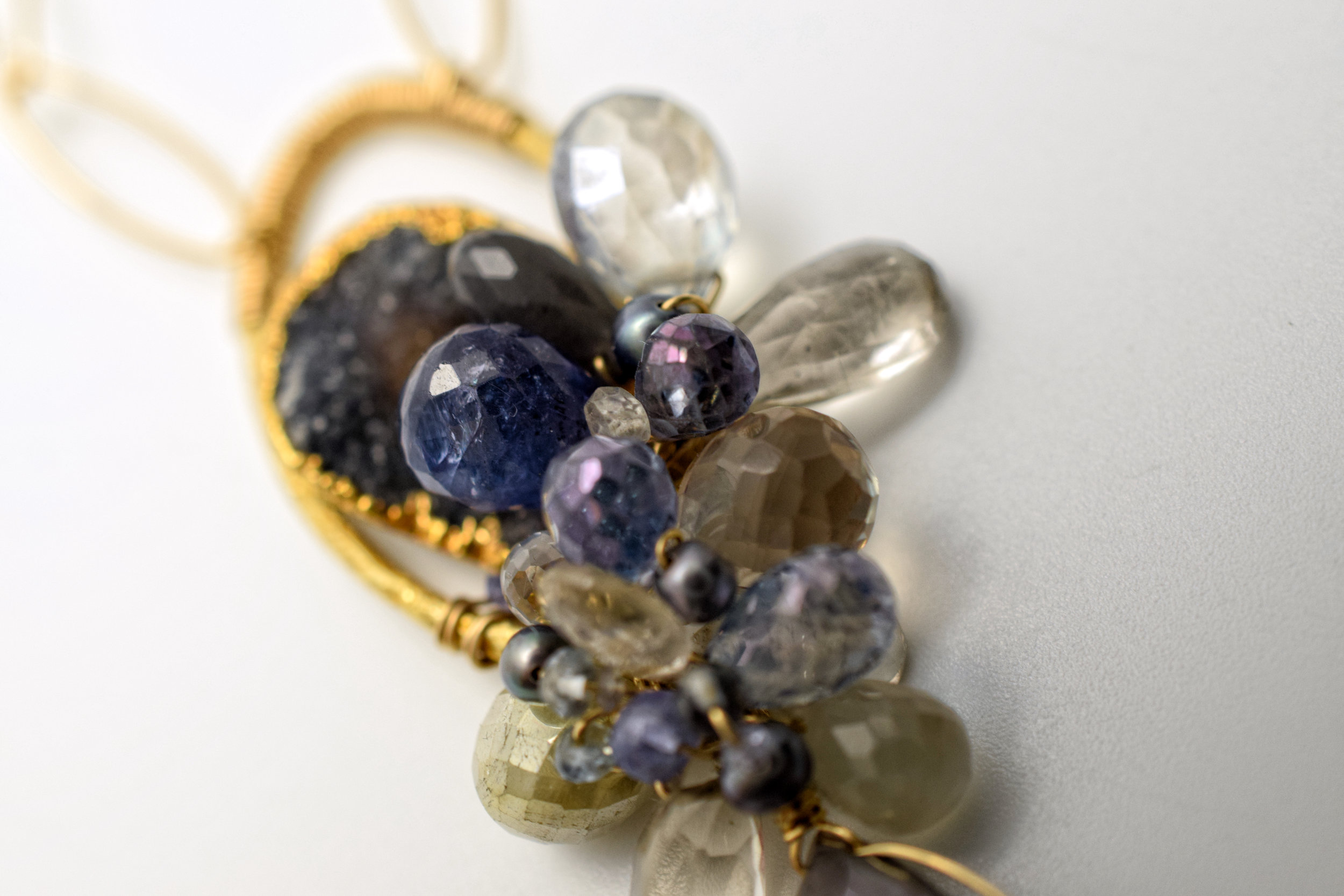 gemstone pearl druzy gold long pendant necklace