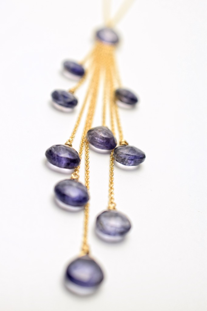 iolite multi drop necklace with gold chains