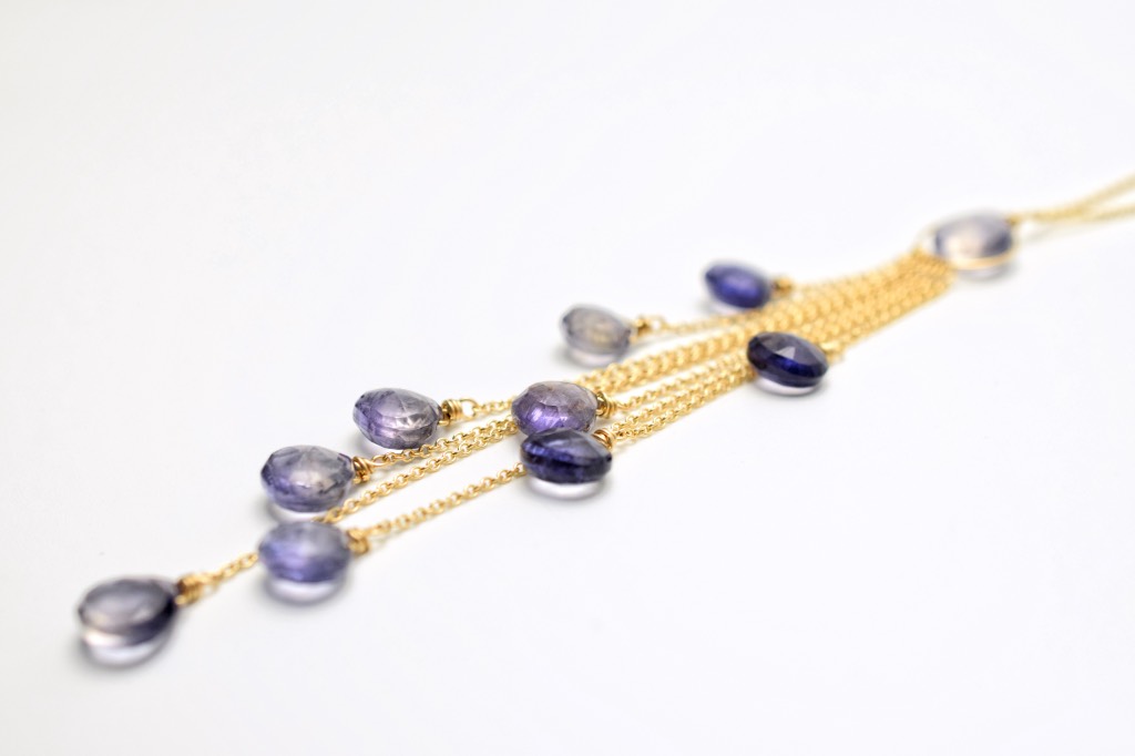 iolite multi drop necklace with gold chains