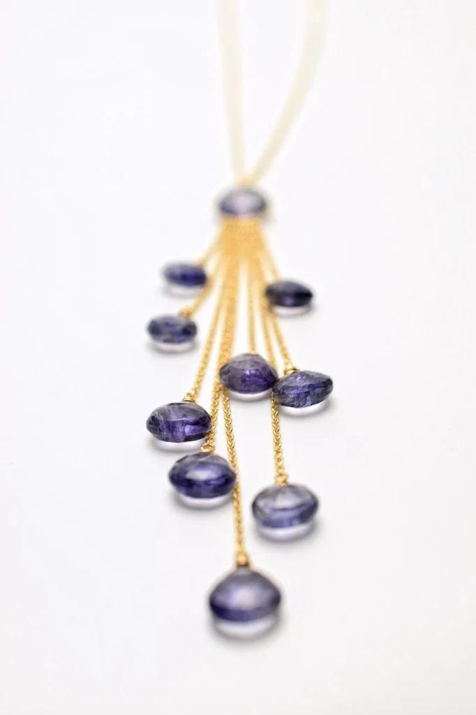 iolite multi drop necklace with gold chains