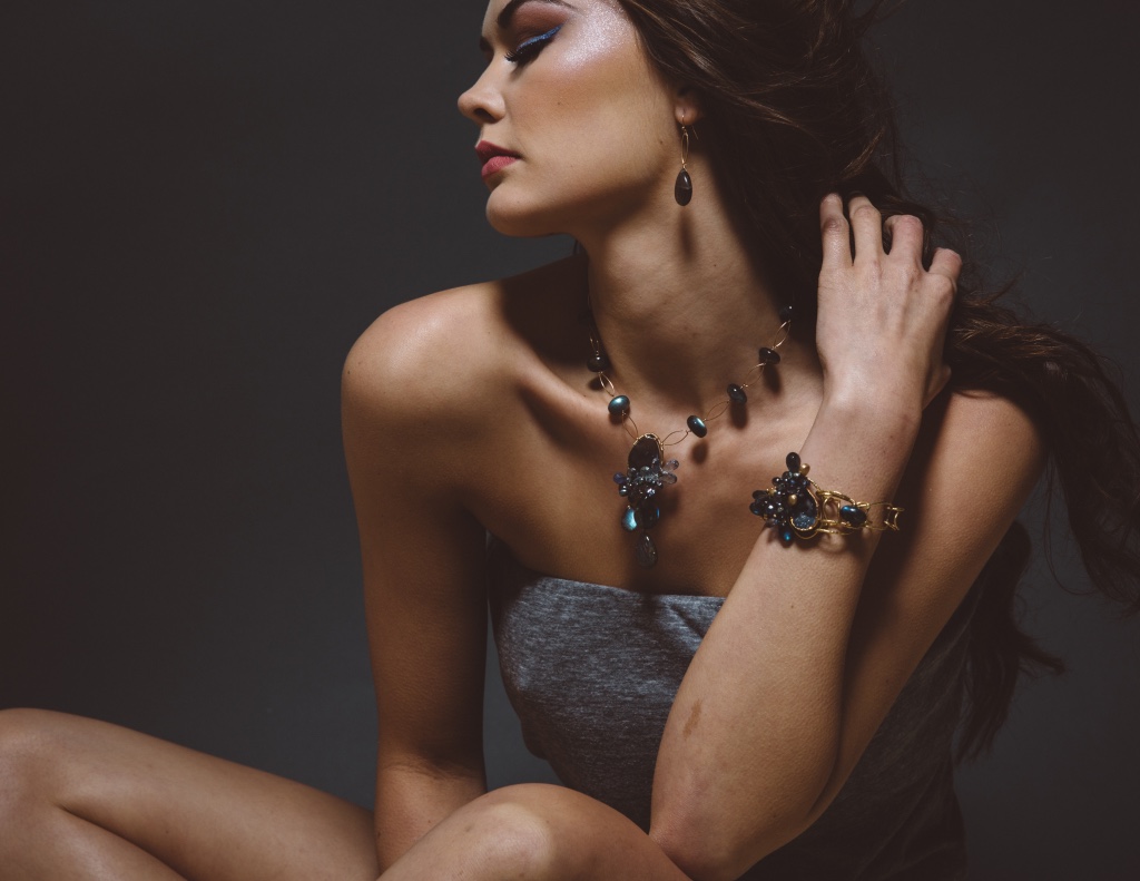 model wearing gemstone and labradorite multi drop necklace