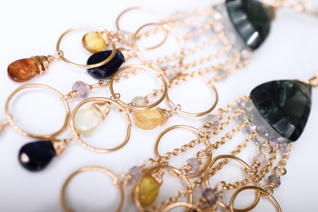 padparadscha sapphire fancy trillion cut quartz gold link multi drop earrings