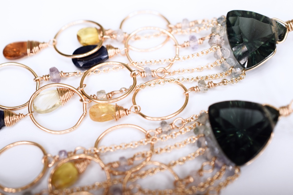 padparadscha sapphire fancy trillion cut quartz gold link multi drop earrings