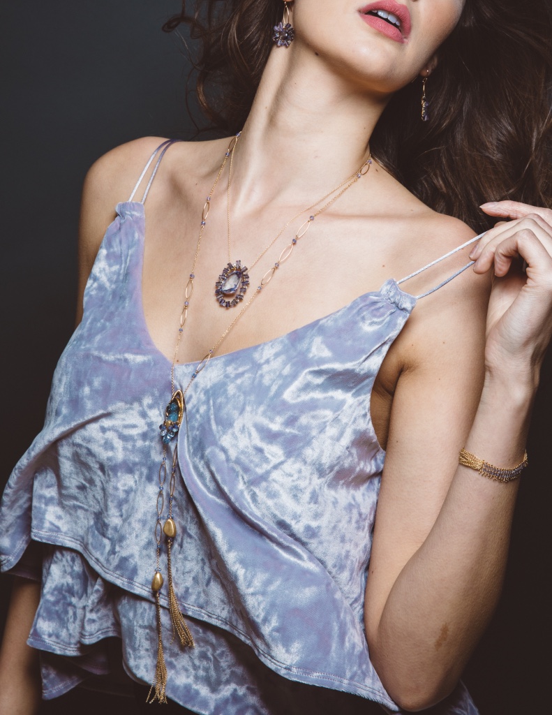 model wearing iolite pendant necklace