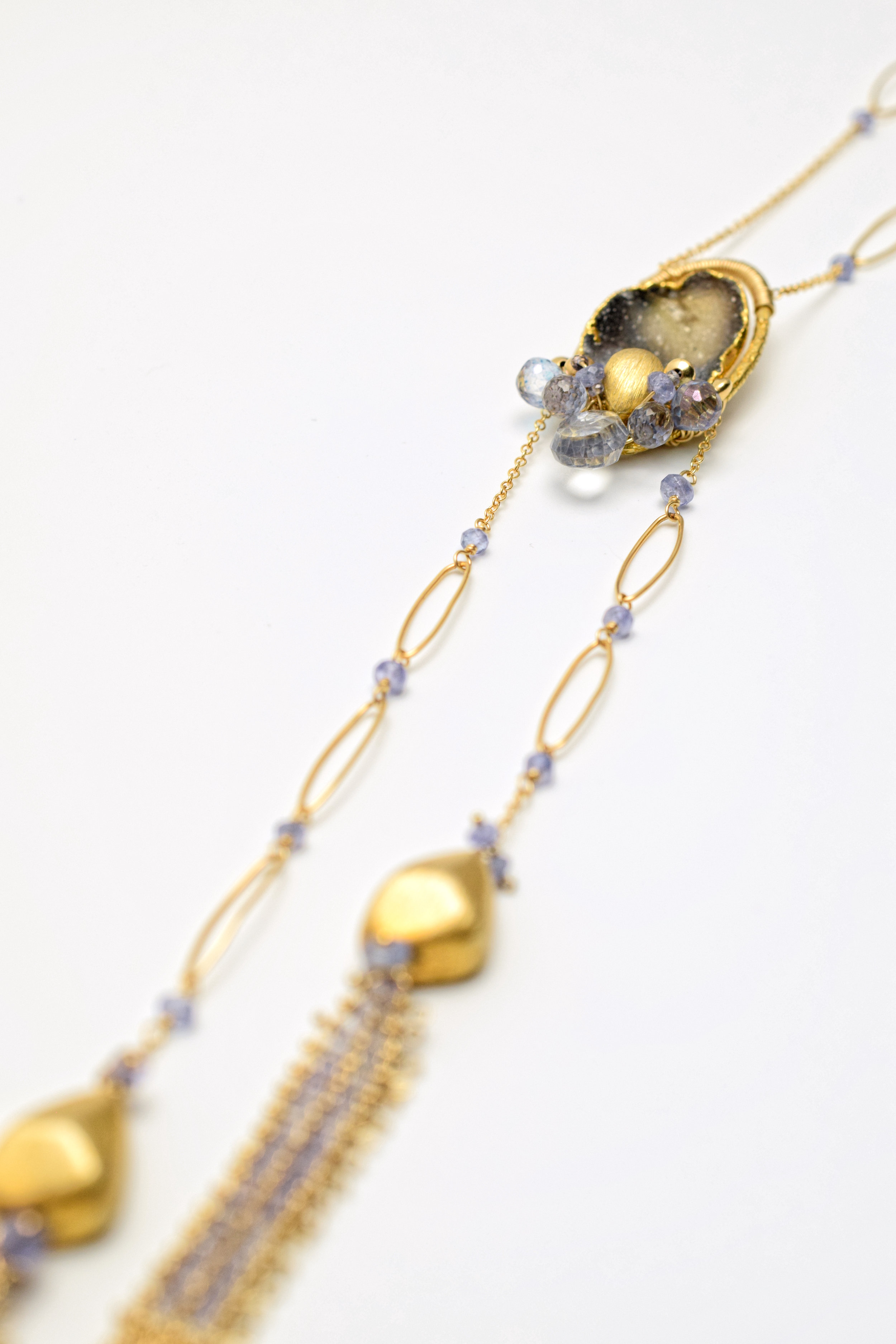 gemstone druzy double gold chain tassel long pendant necklace