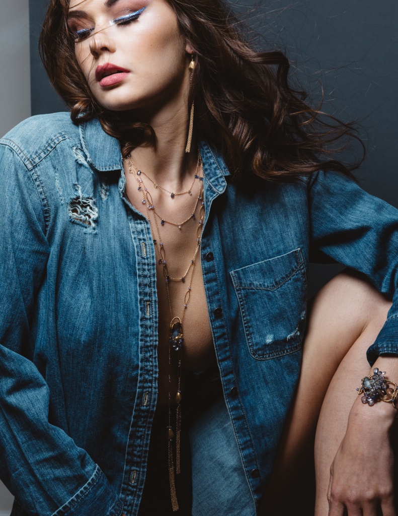 model wearing gemstone druzy double gold chain tassel long pendant necklace