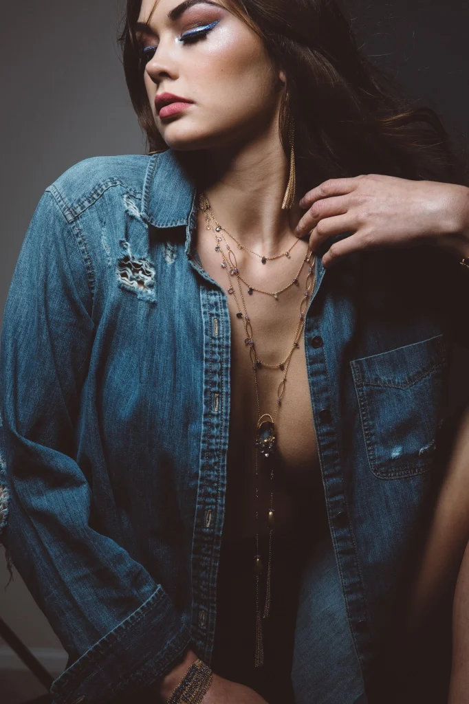 model wearing gemstone druzy double gold chain tassel long pendant necklace