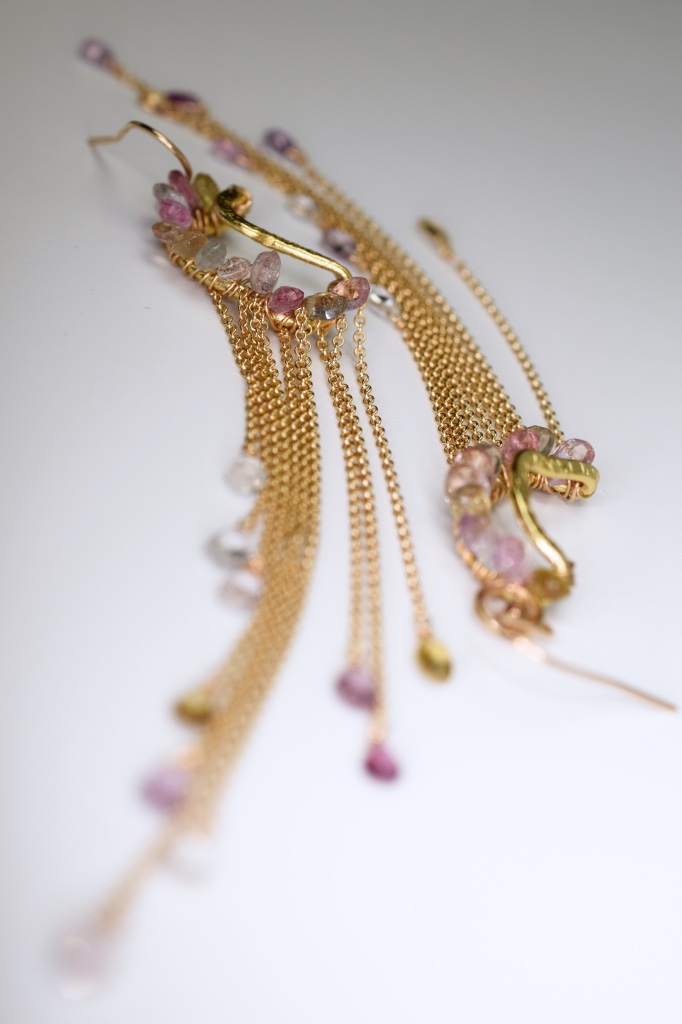 pink sapphire multi gold chain drop earrings