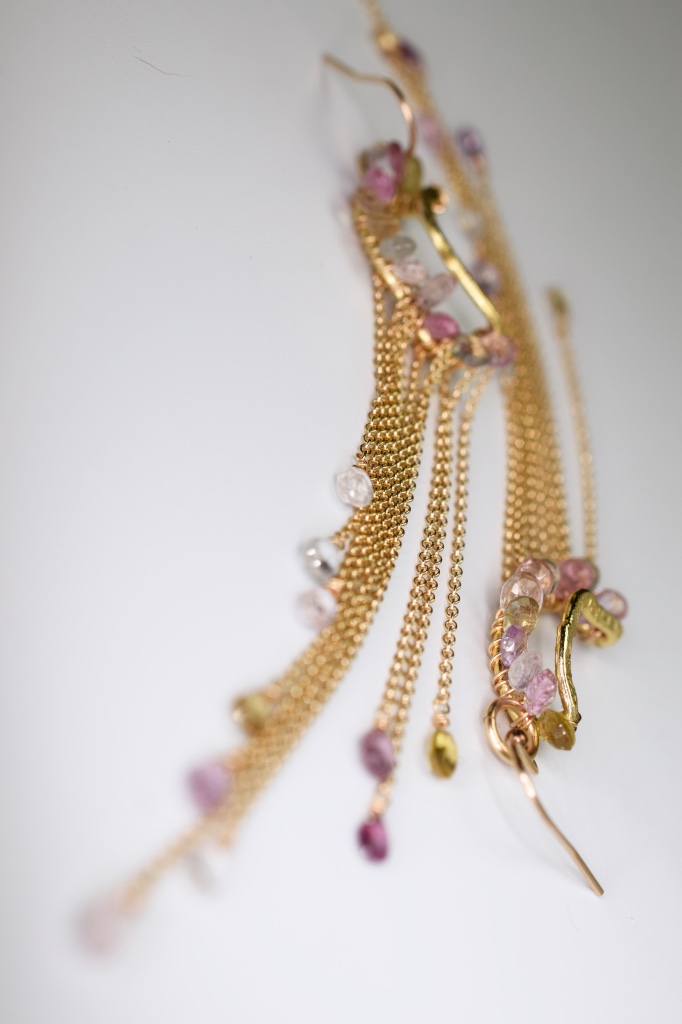 pink sapphire multi gold chain drop earrings