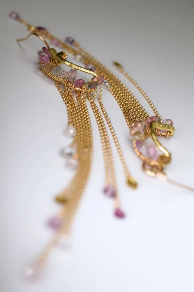 pink sapphire multi gold chain drop earrings