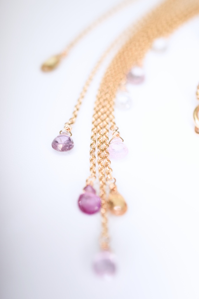 pink sapphire multi gold chain drop earrings