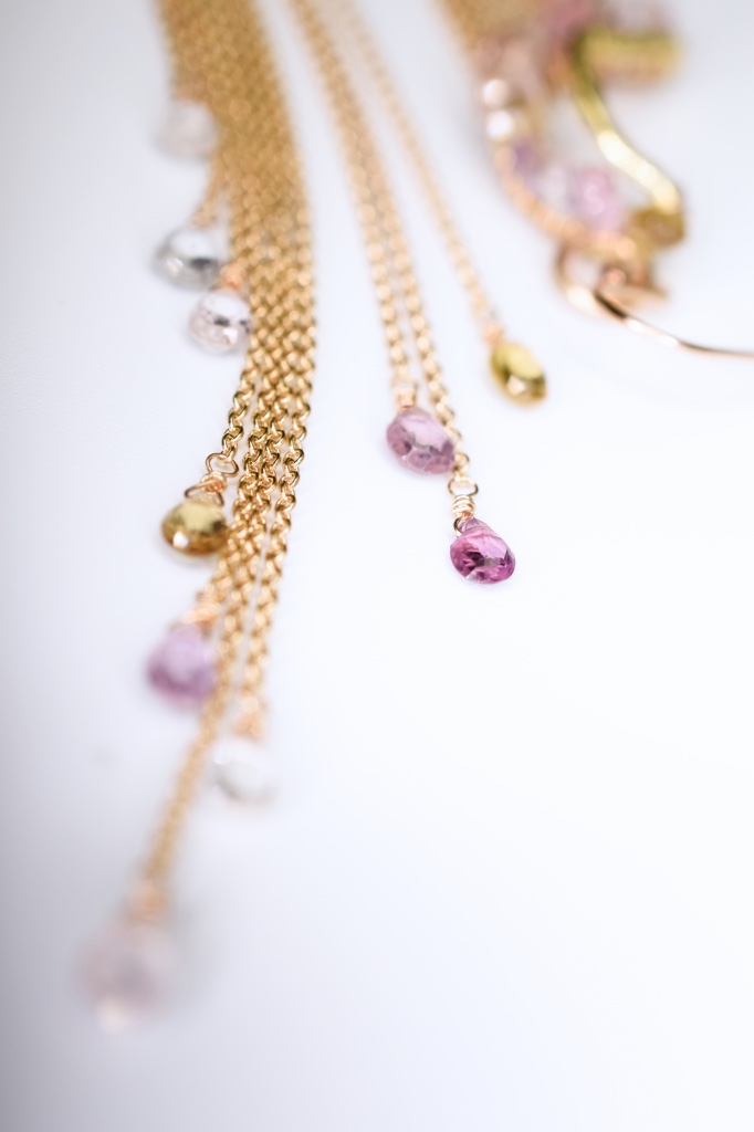 pink sapphire multi gold chain drop earrings