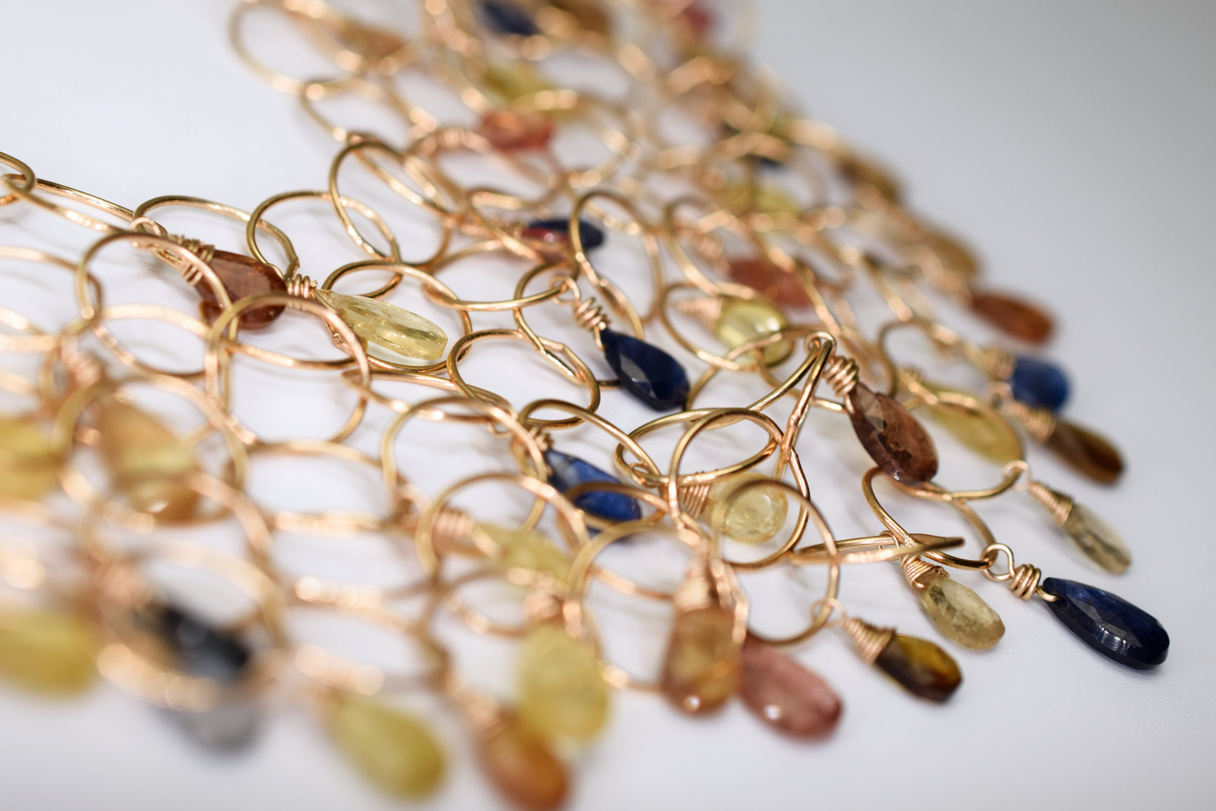 padparadscha sapphire multi layer gold link necklace