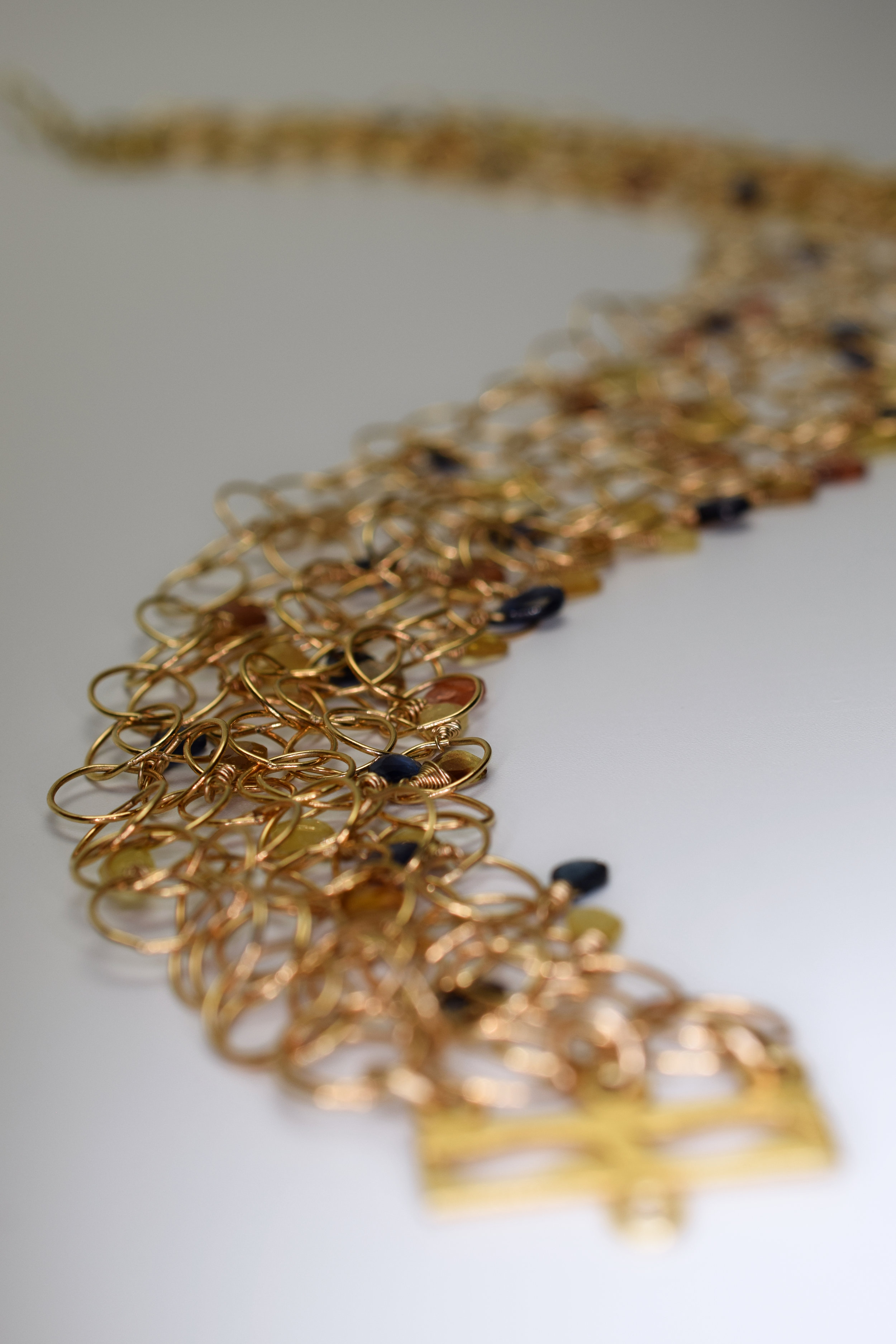 padparadscha sapphire multi layer gold link necklace