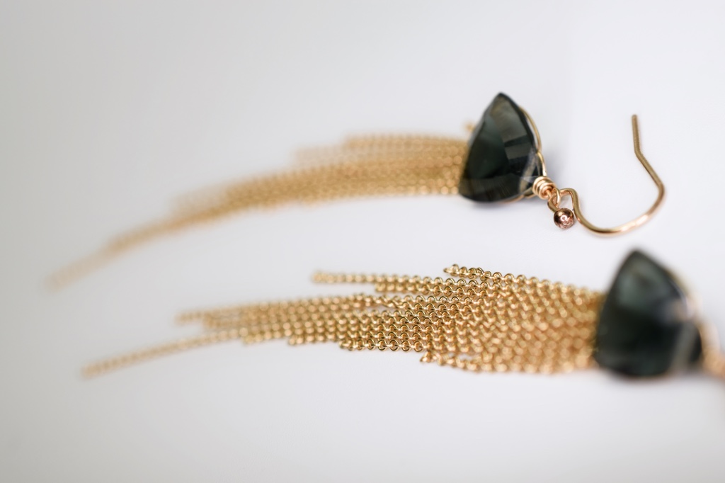 fancy cut trillion quartz gold chain tassel earrings