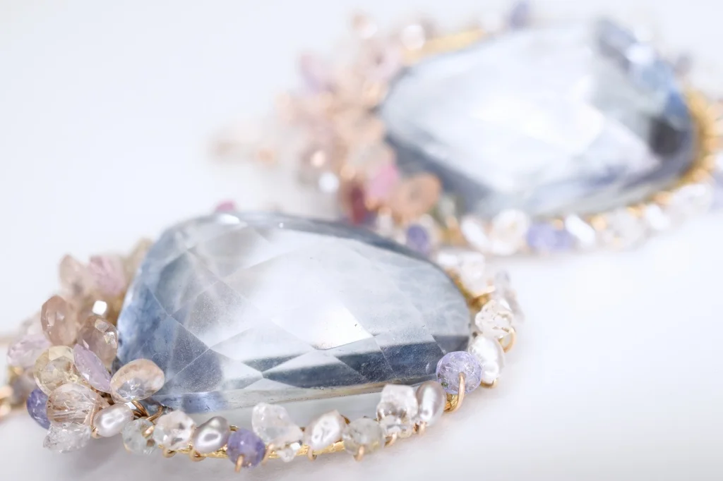 sapphire encrusted quartz pendant earrings