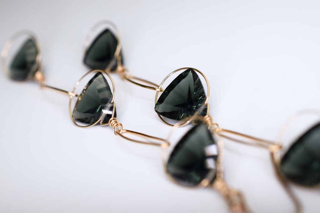 fancy trillion cut quartz triple drop gold earrings