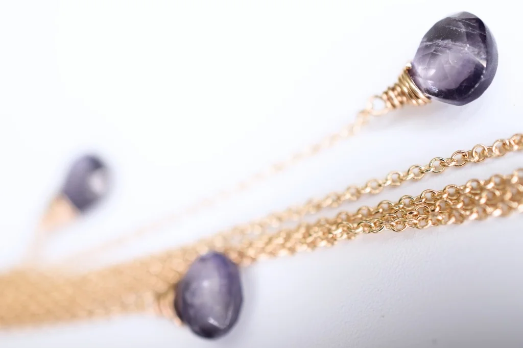 emerald cut iolite multi briolette gold chain tassel earrings