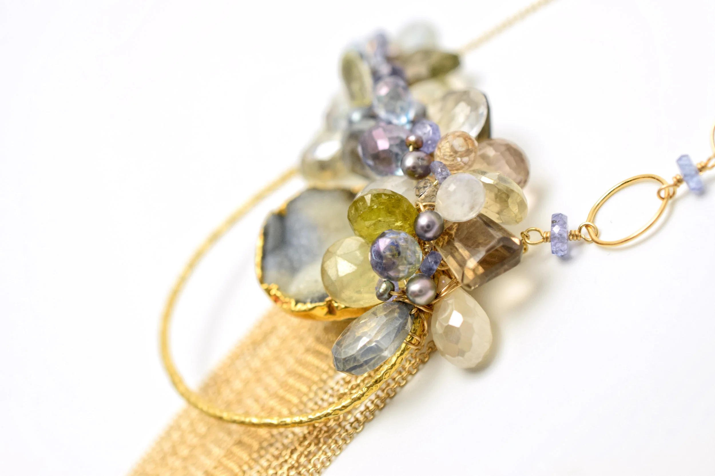 gemstone druzy pearl circle pendant with gold chain tassel long necklace