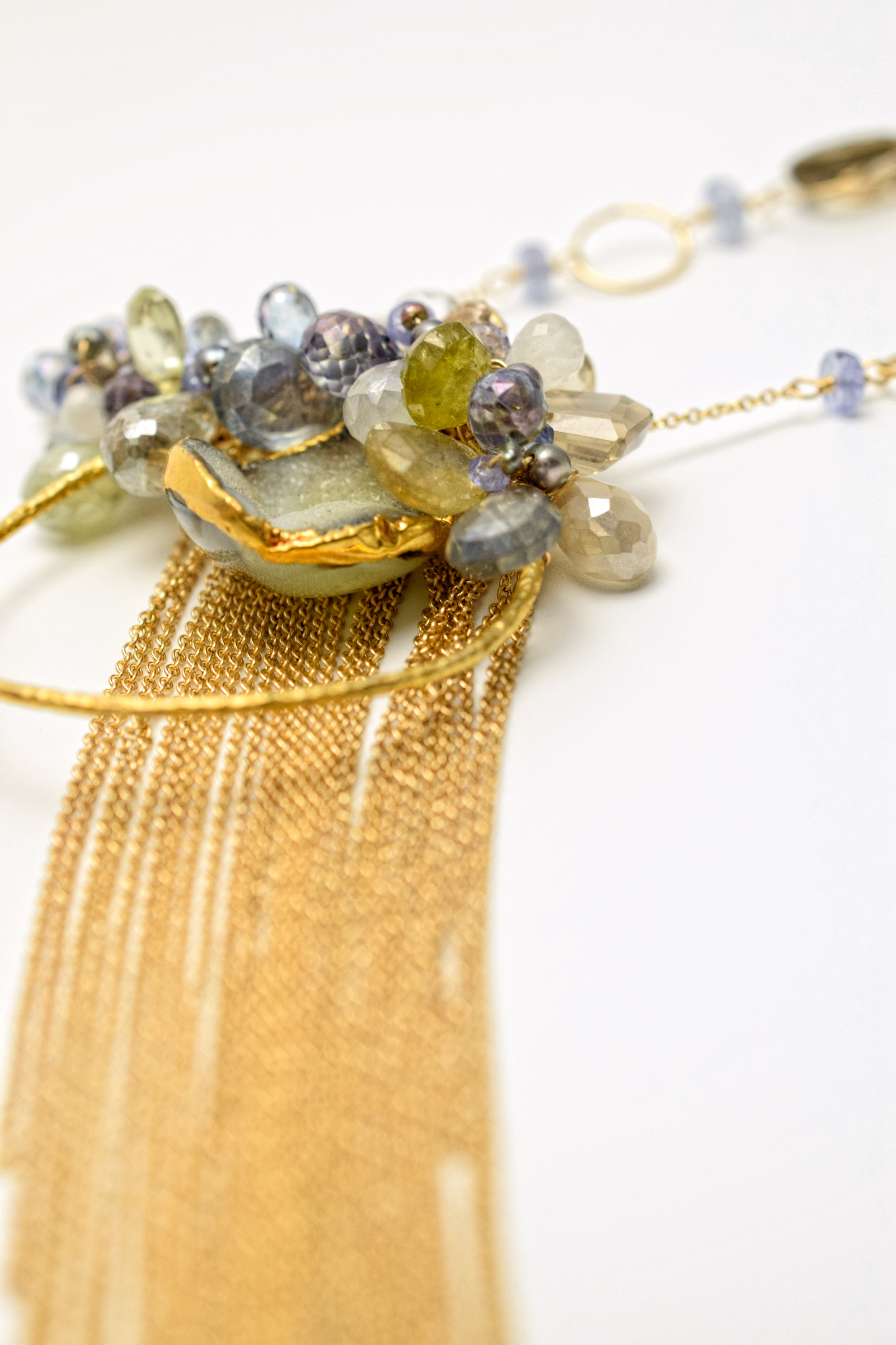 gemstone druzy pearl circle pendant with gold chain tassel long necklace