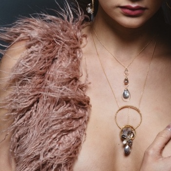 model wearing gemstone druzy circle pendant adjustable necklace