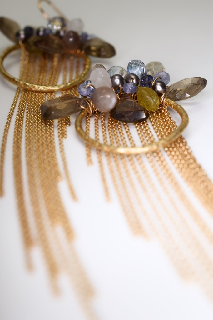 gemstone pearl gold multi chain tassel circle earrings