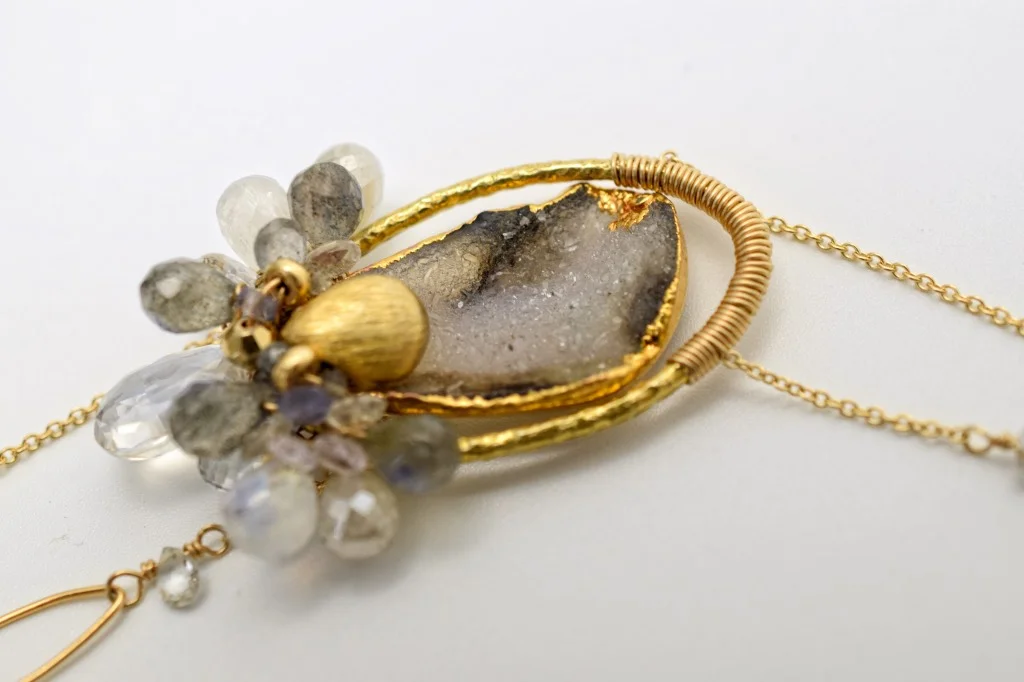 gemstone druzy double tassel chain mail tassel long necklace