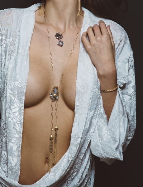 model wearing gemstone druzy double tassel chain mail tassel long necklace