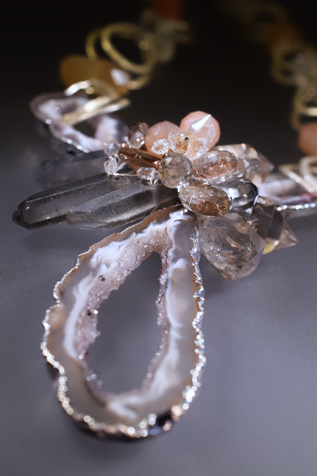 sliced geode pendant necklace with gemstones and sterling silver