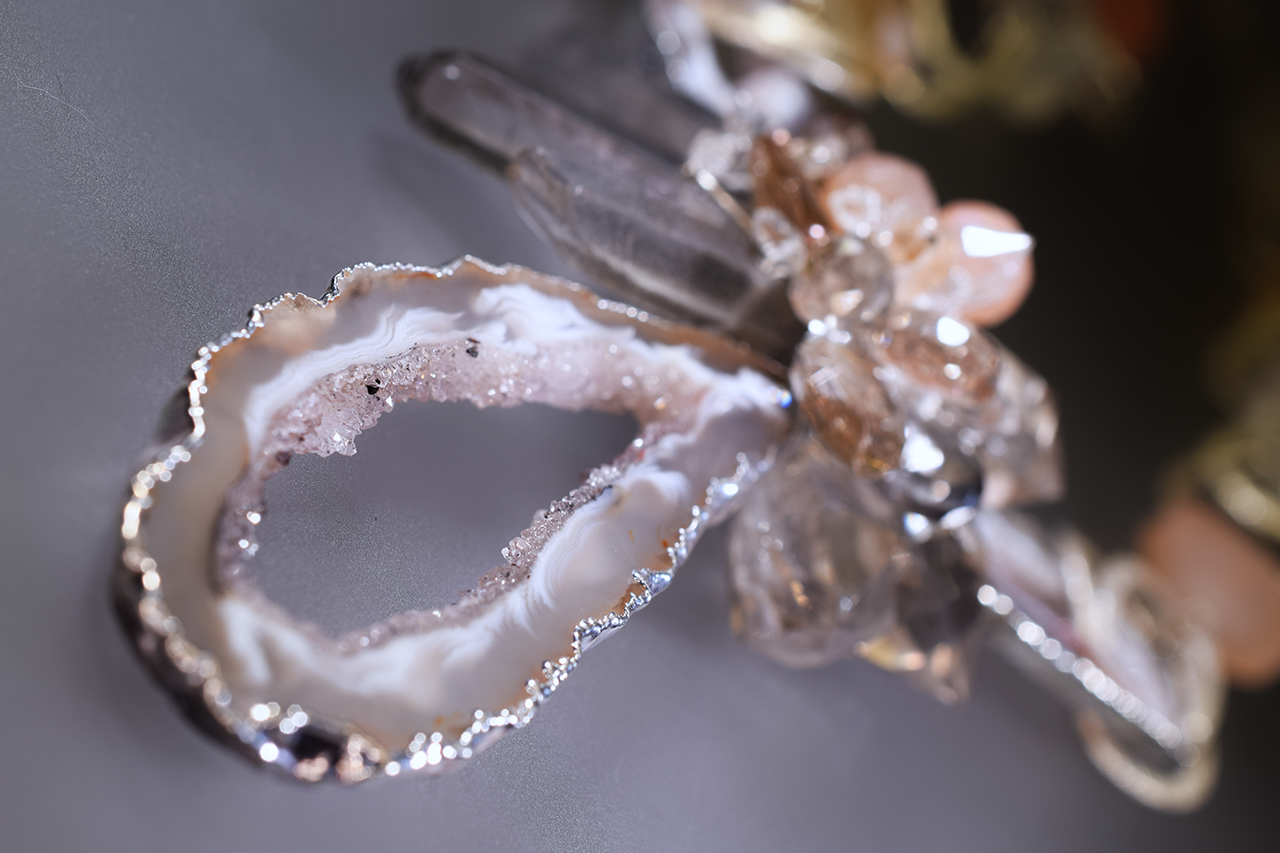 sliced geode pendant necklace with gemstones and sterling silver