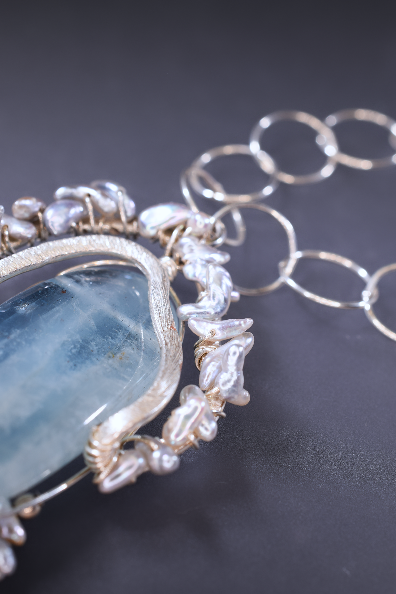 aquamarine pendant with keshi pearls and sterling silver
