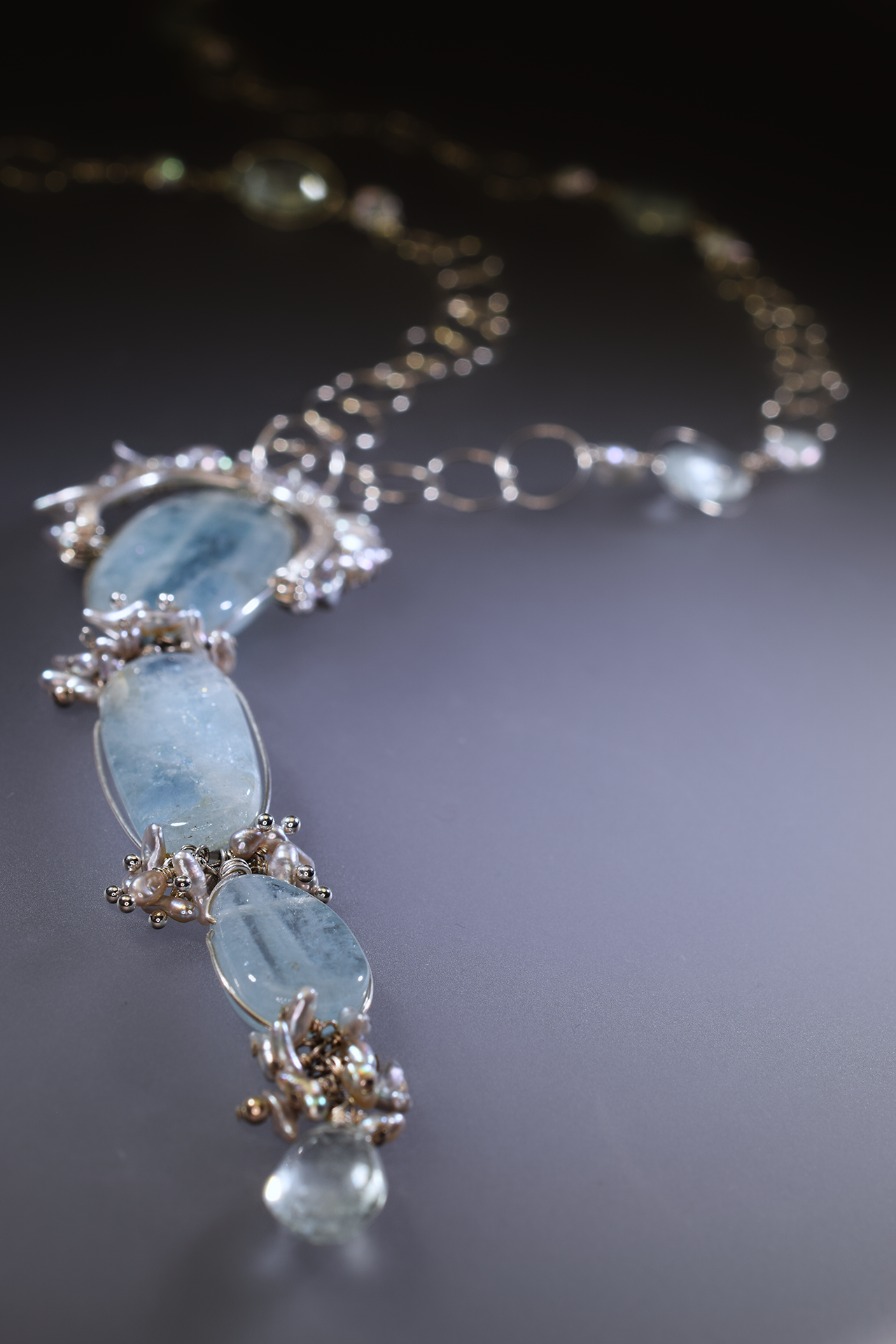 triple drop aquamarine long necklace