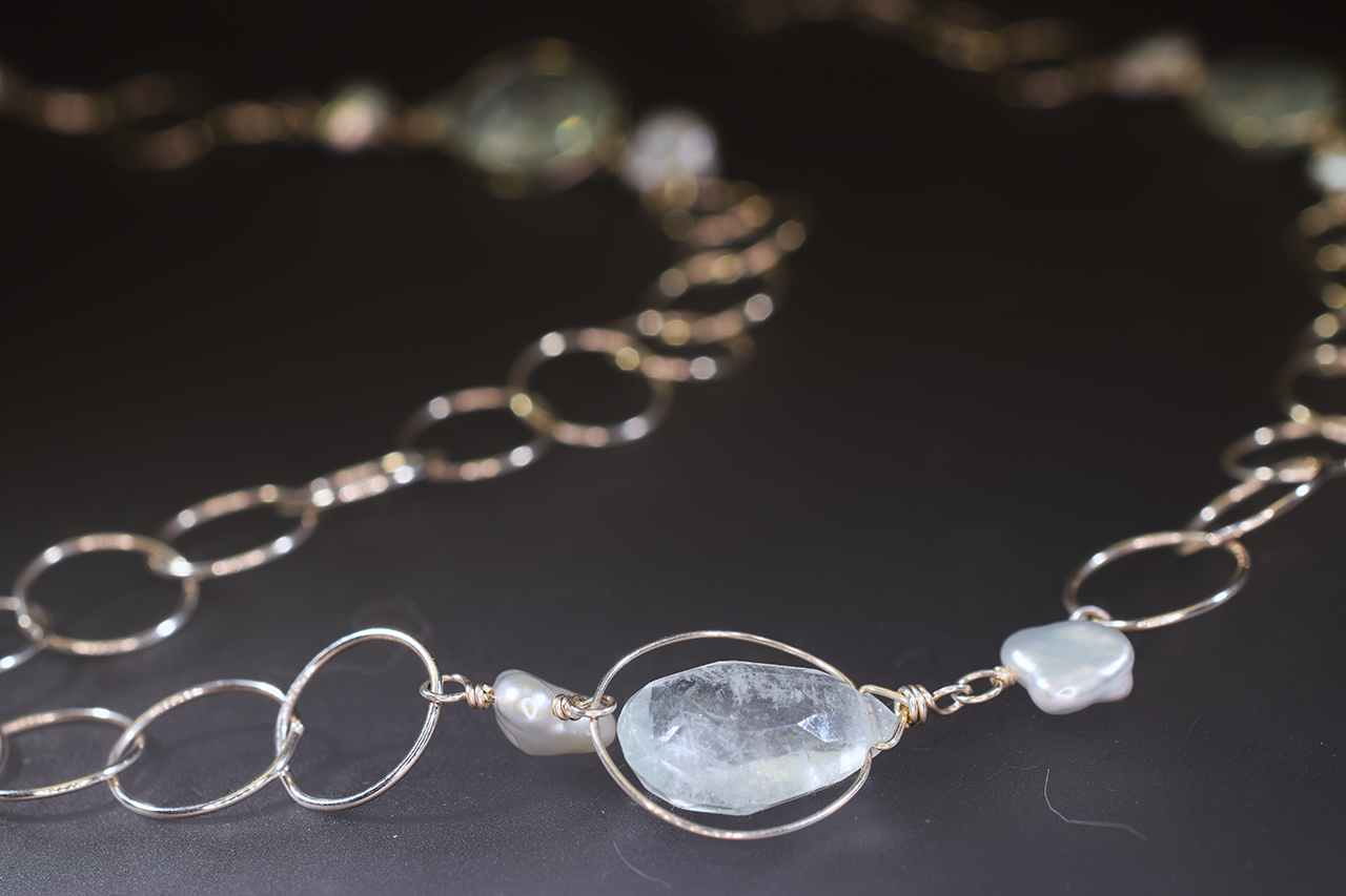 triple drop aquamarine long necklace