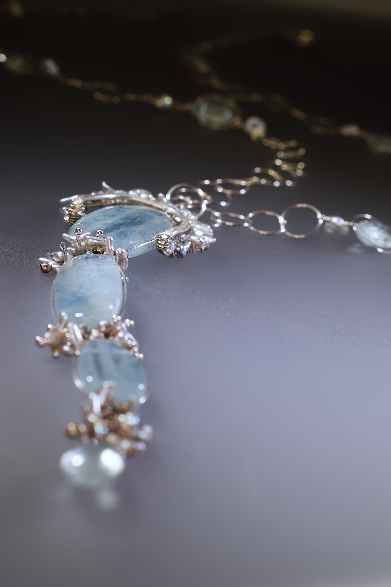 triple drop aquamarine long necklace