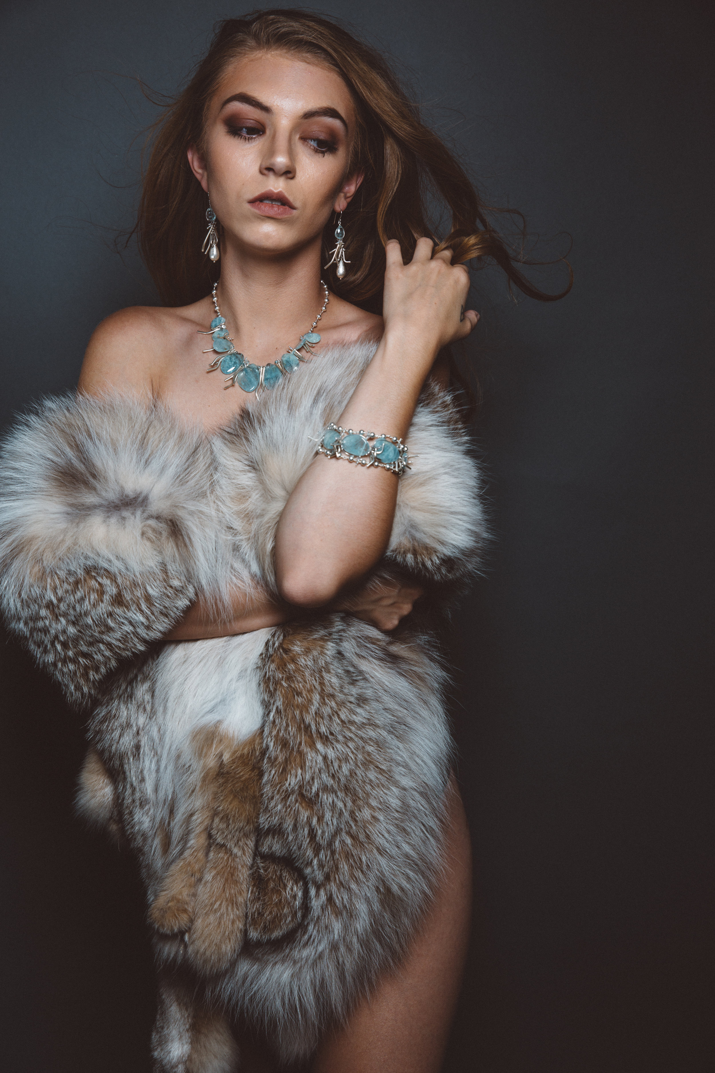 model wearing aquamarine bracelet