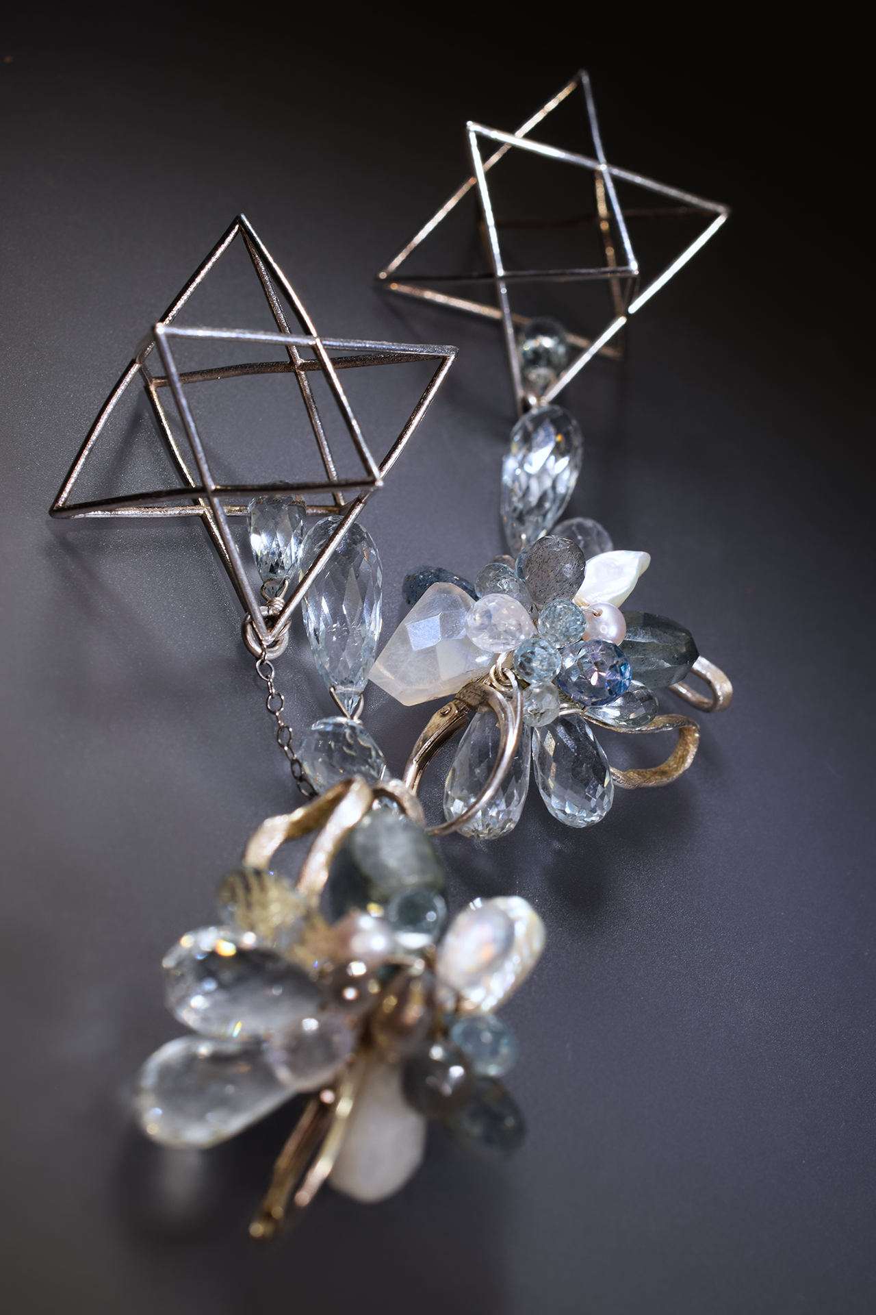 gemstone statement earring with 3D printed sterling silver merkabas