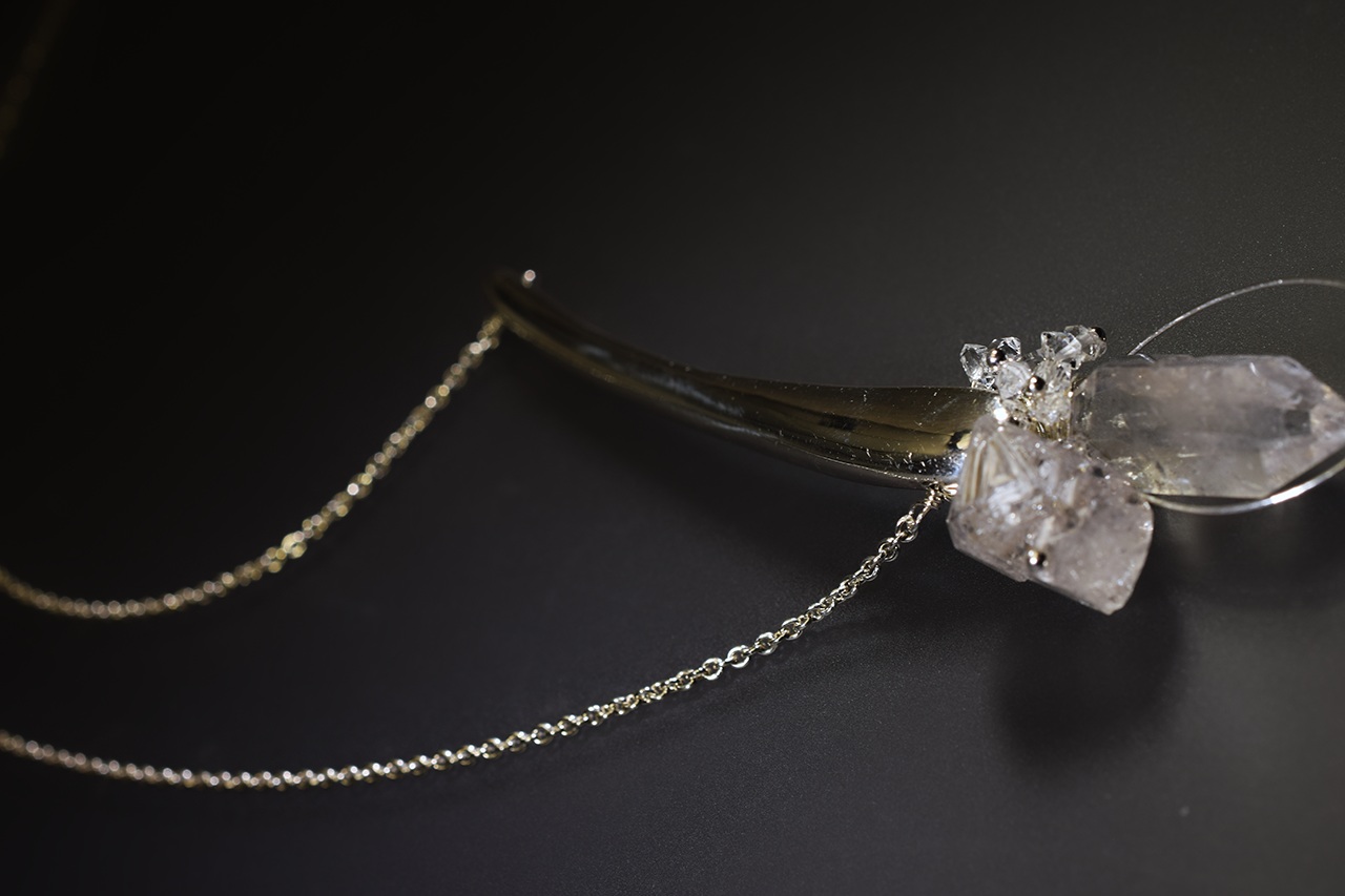casted sterling silver bar necklace with herkimer diamonds