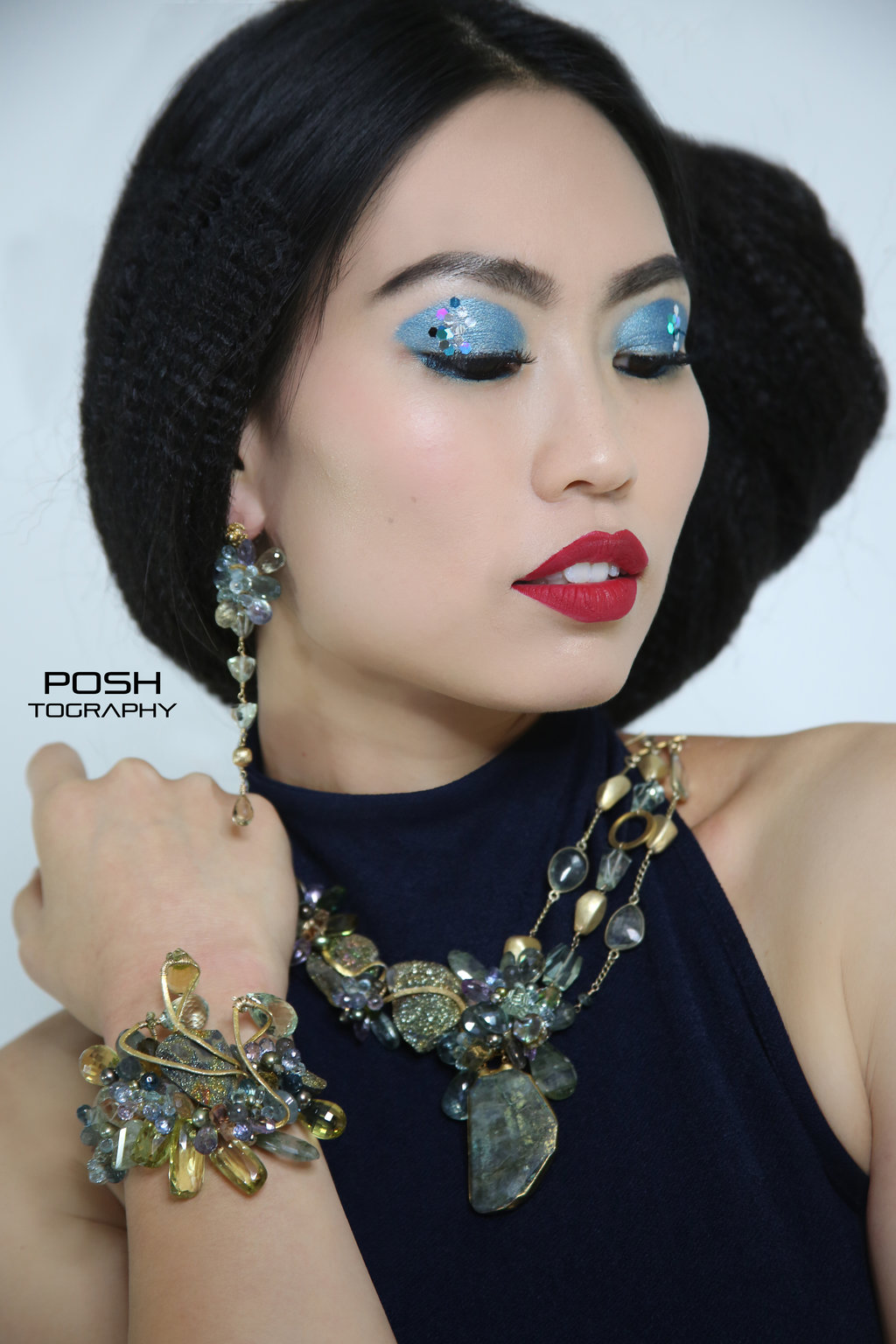 model wearing rainbow pyrite earrings