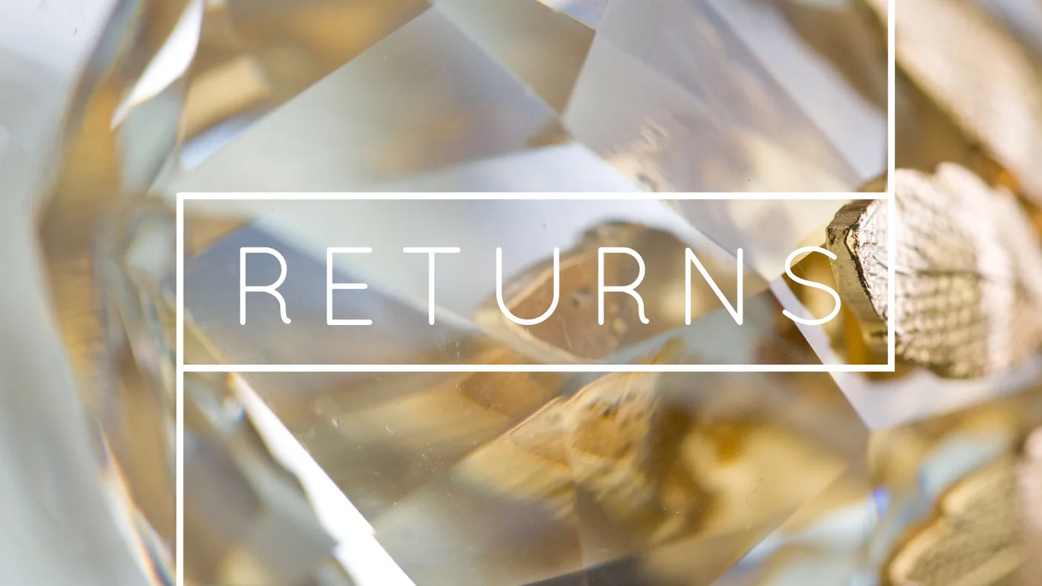 Andrea Li Designs Returns banner: the word RETURNS in a white frame over a faceted golden quartz beside a textured gold setting