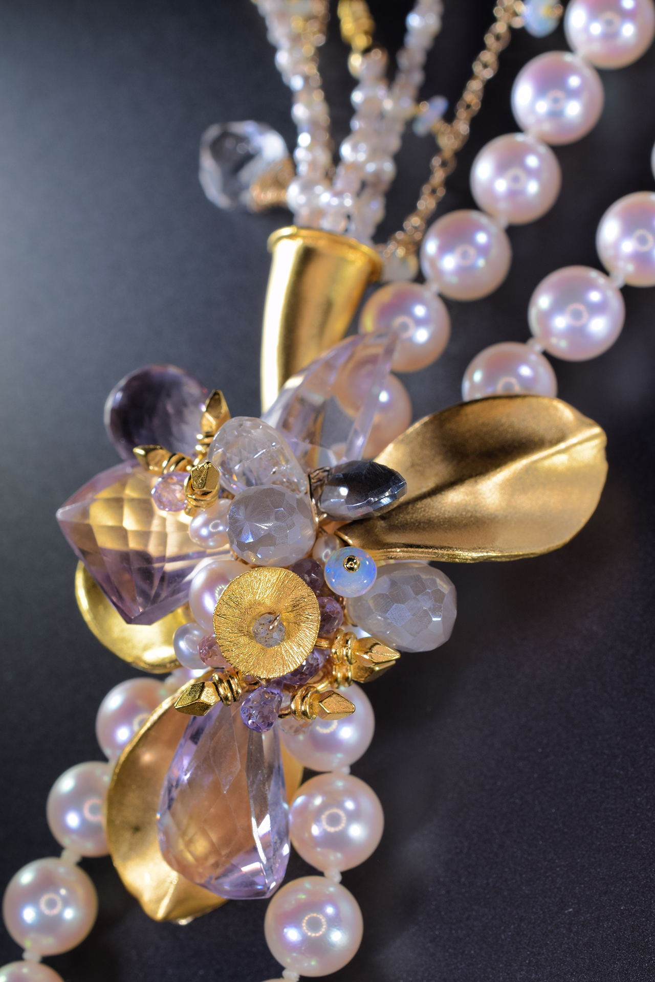 double strand pearl necklace with gemstone accents