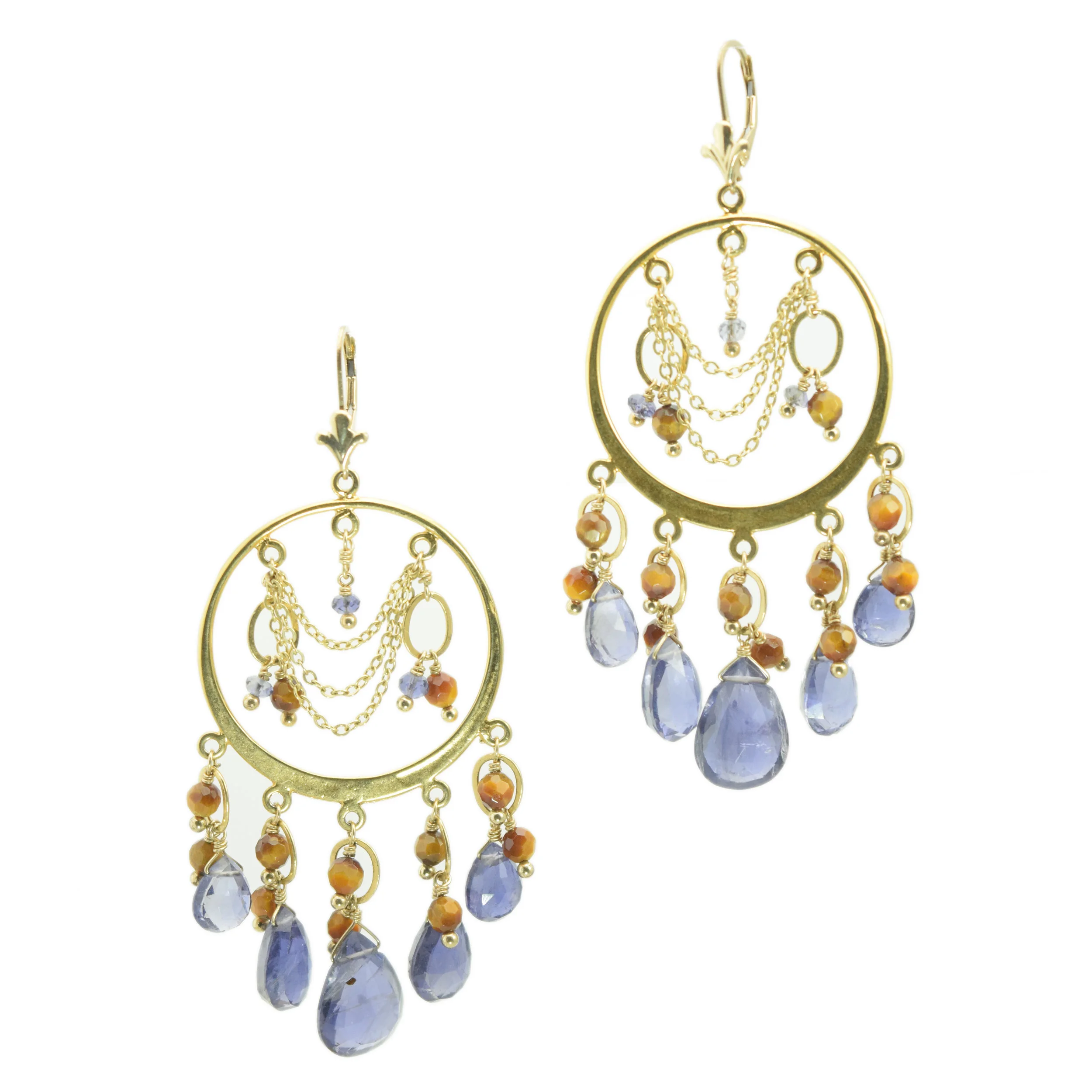 Iolite and Cats Eye Chandelier Hoops