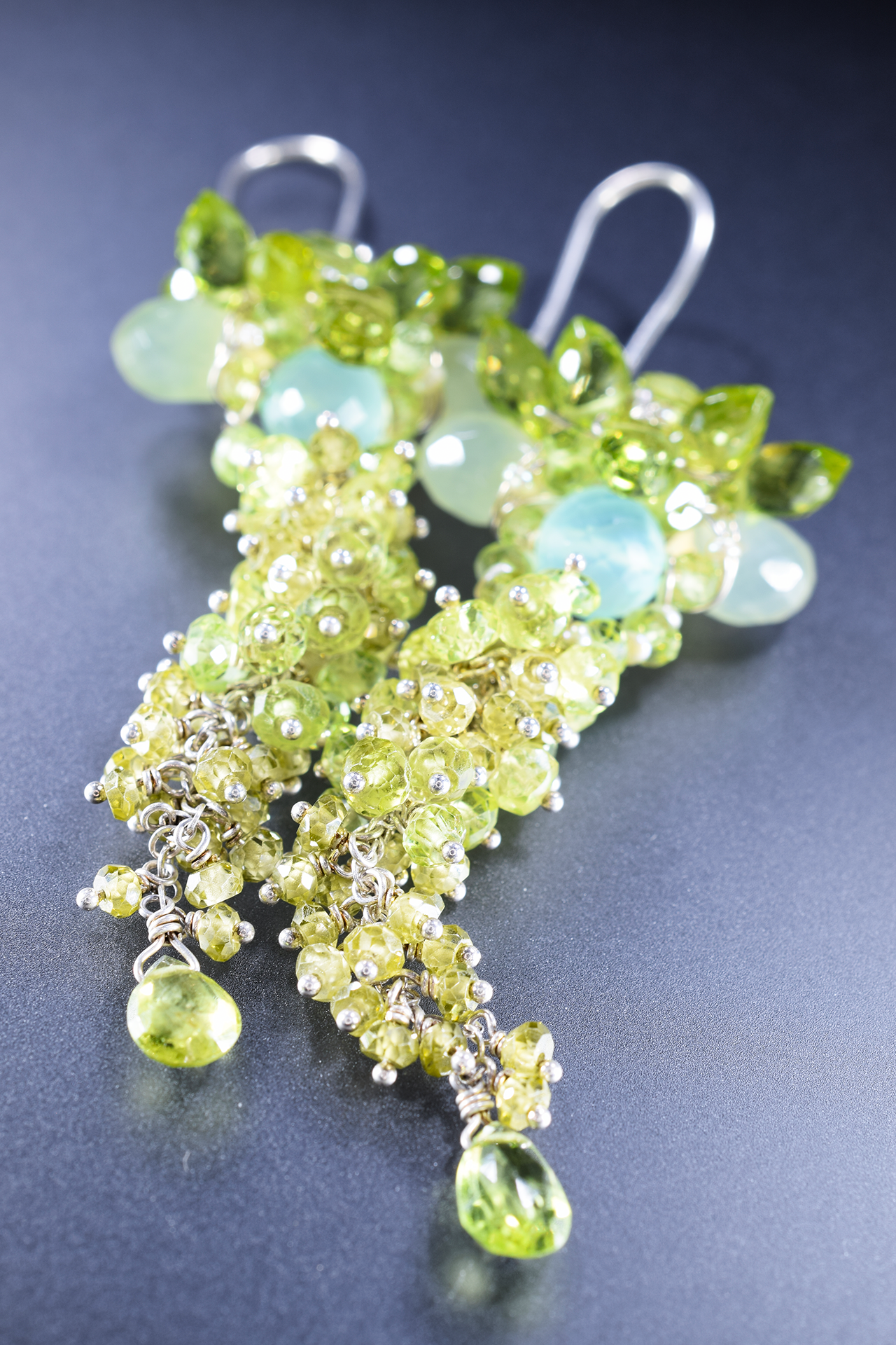 Green Chalcedony and Peridot Long Drop Earrings
