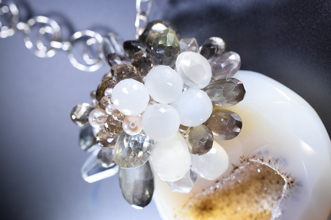 Round druzy and Gemstone Pendant Necklace