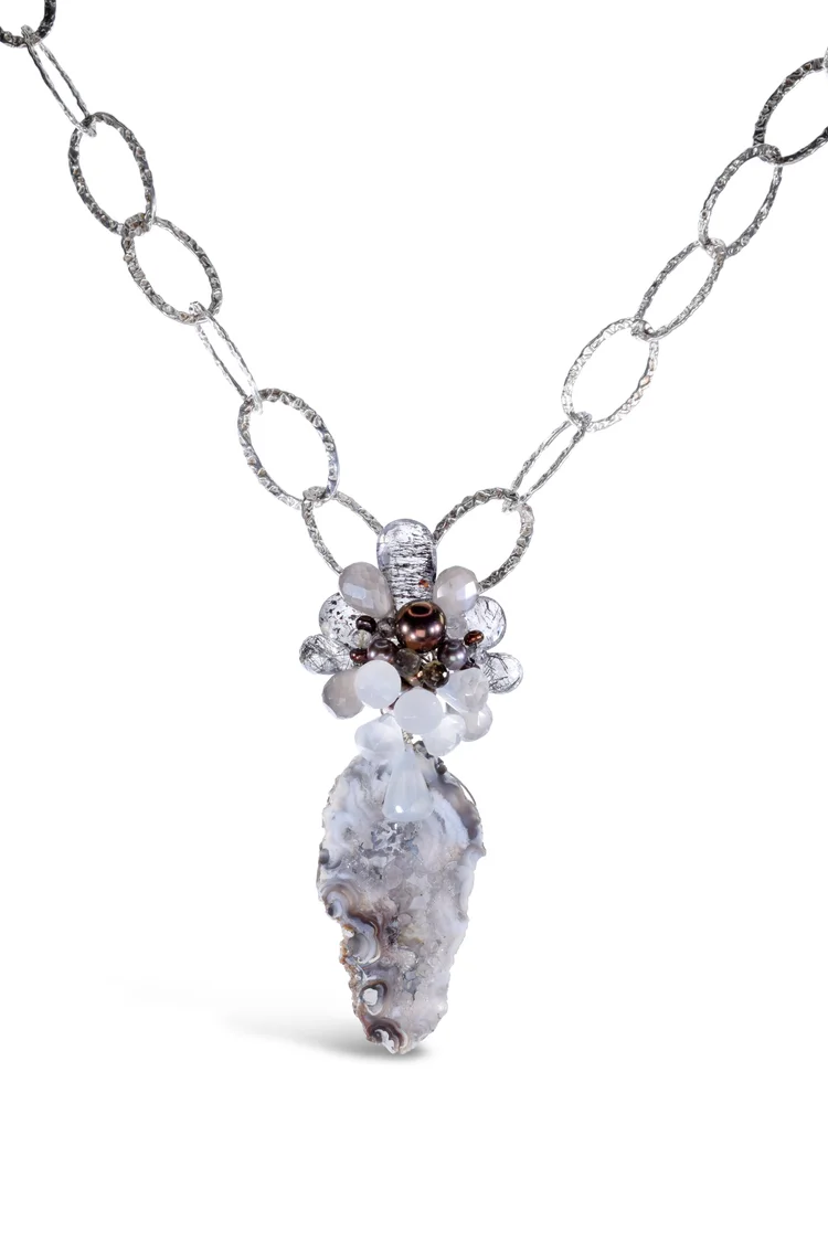 Druzy Agate and Moss Amethyst Necklace, by Andrea Li