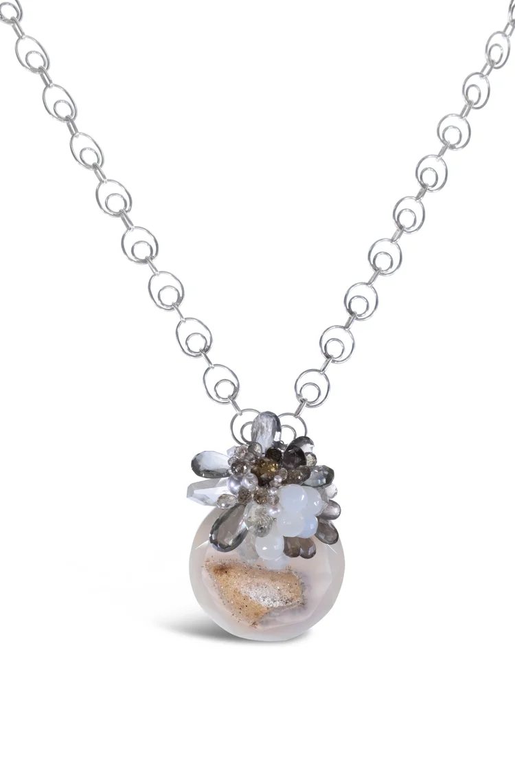 Round druzy and Gemstone Pendant Necklace, by Andrea Li